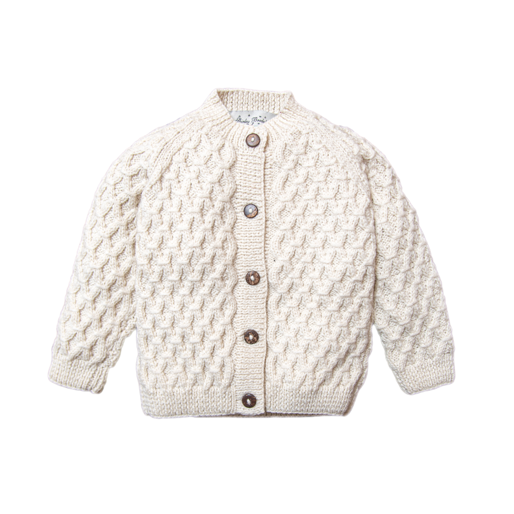 Smock cardigan Cream White Hand-knitted merino wool baby cardigan