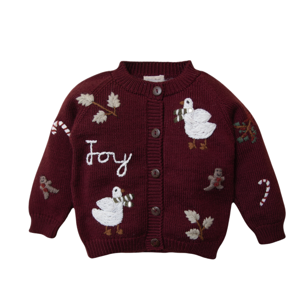 Festive Kids' Wool Cardigan - Grape | Hand-Embroidered Holiday Warmth Festive Kids' Wool Cardigan - Grape | Hand-Embroidered Holiday Warmth