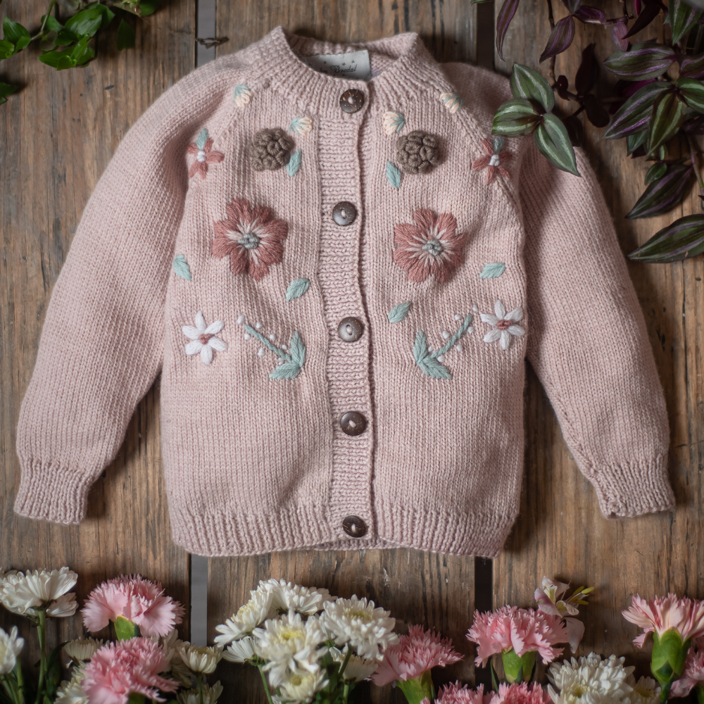 Flora cardigan Dusty Pink Hand-embroidered vegan cotton cardigan