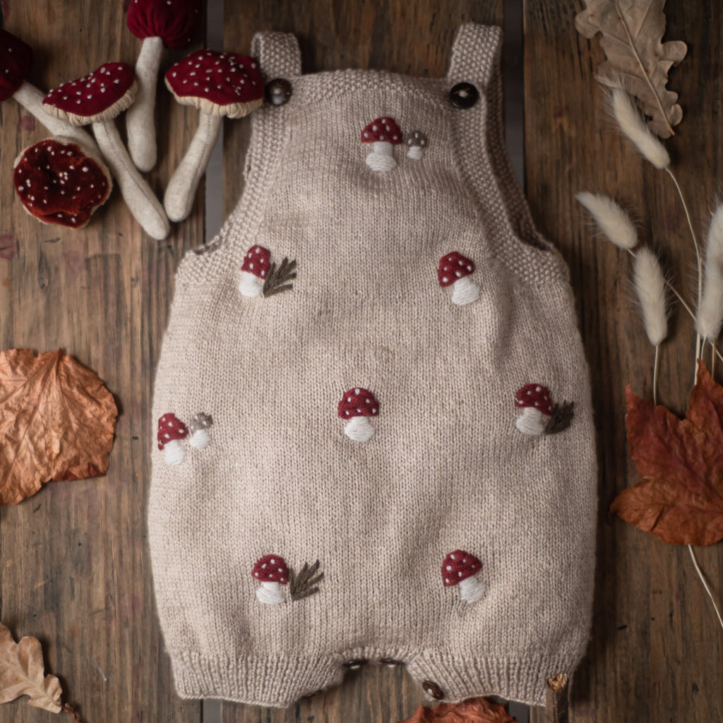 Hand-Embroidered Merino Wool Romper with Mushrooms – Oats