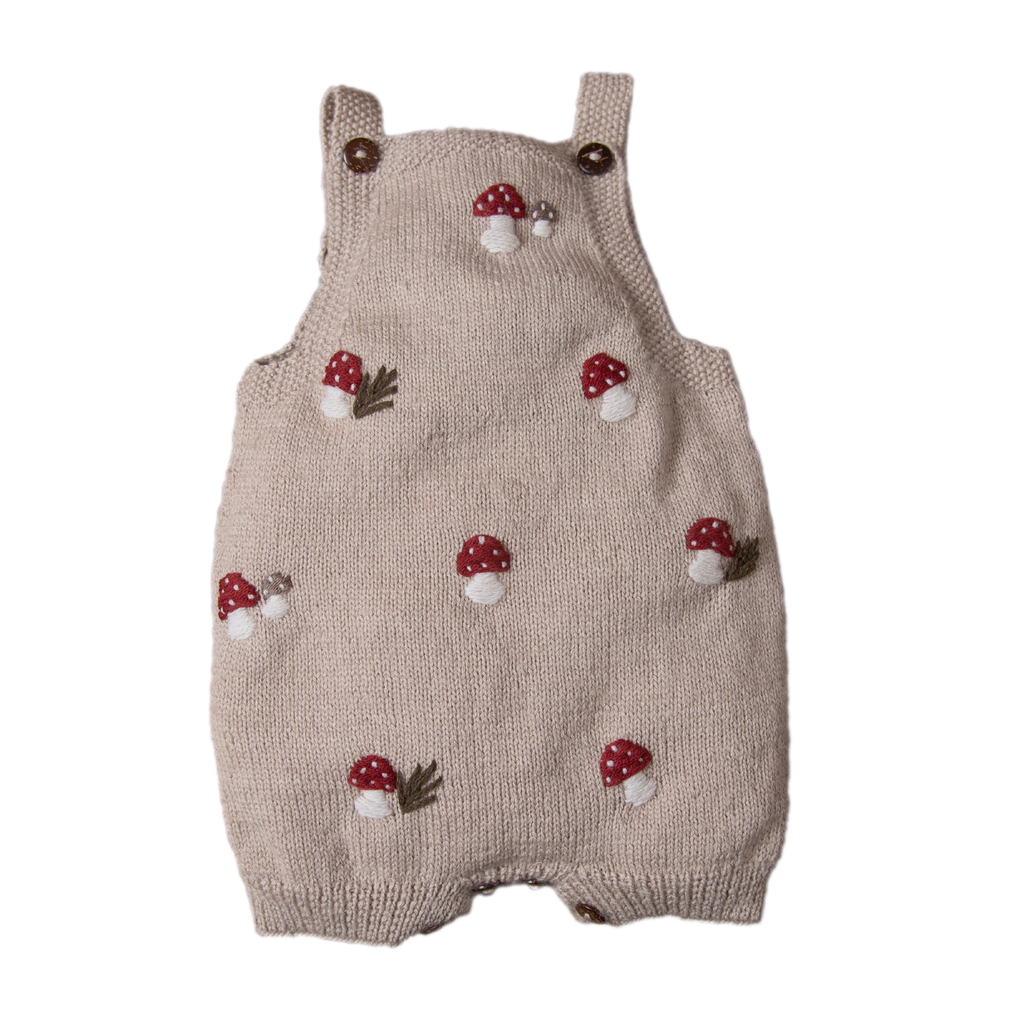Hand-Embroidered Merino Wool Romper with Mushrooms – Oats