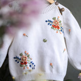White sweater with floral embroidery on a hanger surrounded by flowers