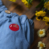 Blue baby romper with red emblem on a wooden surface with yellow flowers