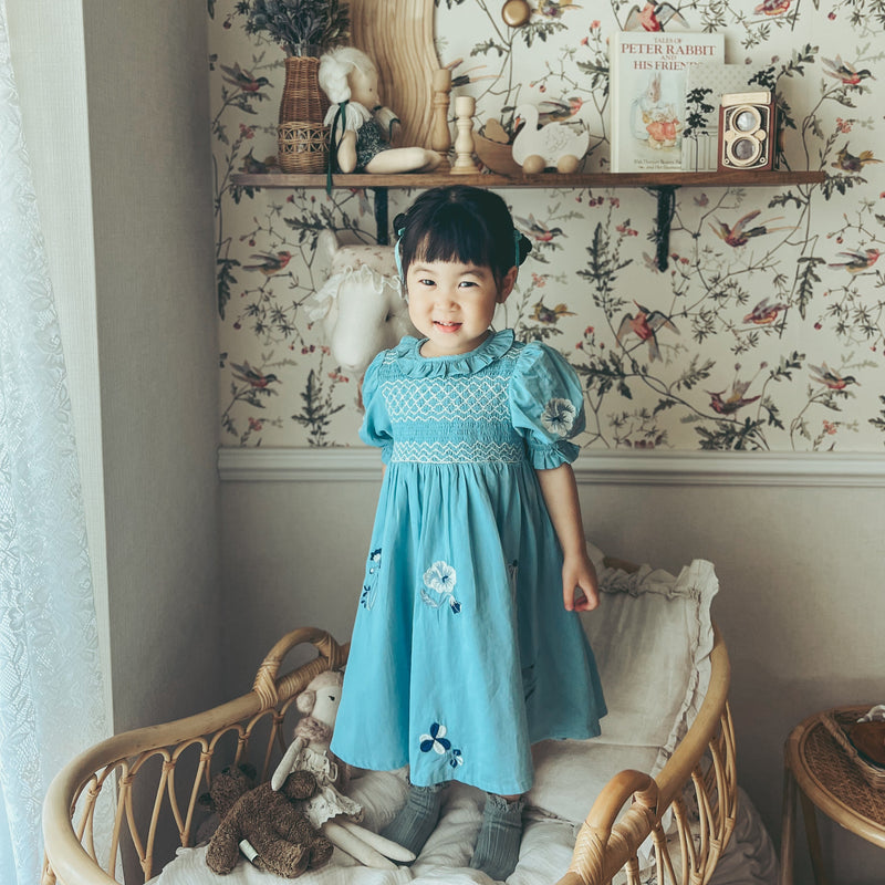 Child in a blue dress standing in a room with floral wallpaper and shelves.
