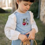 Young girl in a blue dress with a strawberry design, holding a basket outdoors.