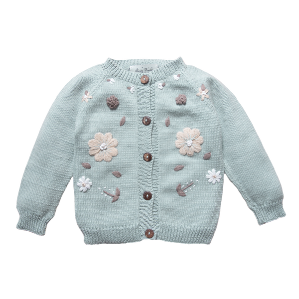 Flora Cardigan Duck Blue, Hand Embroidered Vegan Cotton