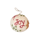 Bauble Joy Ornament featuring the word "JOY" and embroidered holiday motifs, displayed in close-up to highlight its detailed design and festive charm.