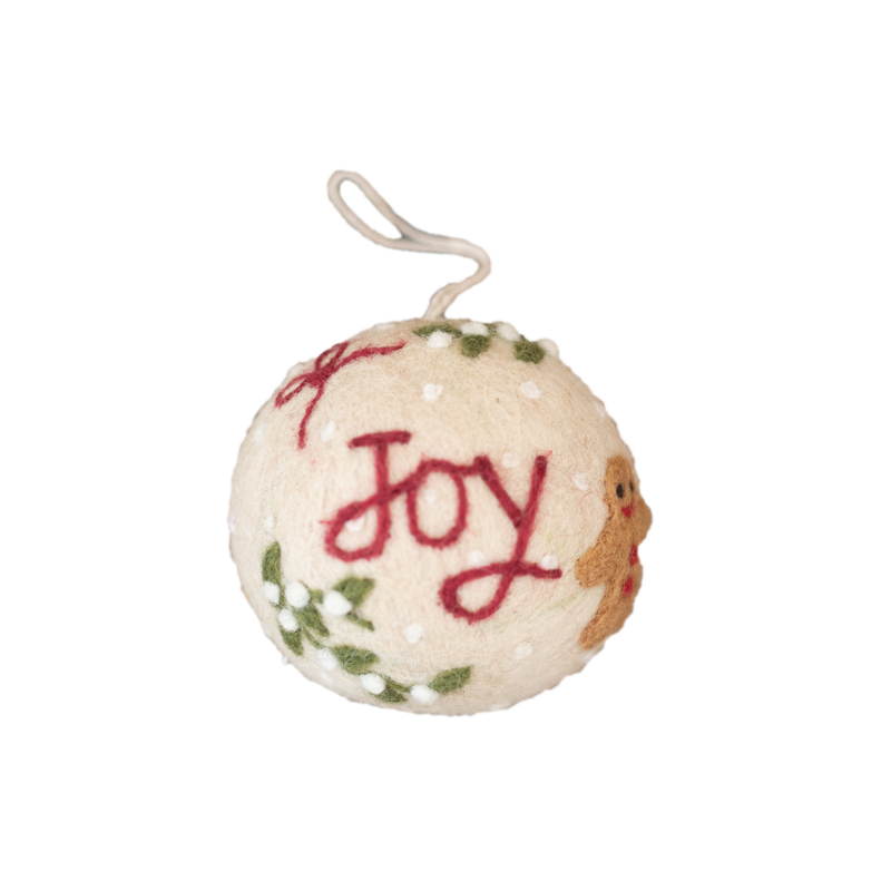 Bauble Joy Ornament featuring the word "JOY" and embroidered holiday motifs, displayed in close-up to highlight its detailed design and festive charm.