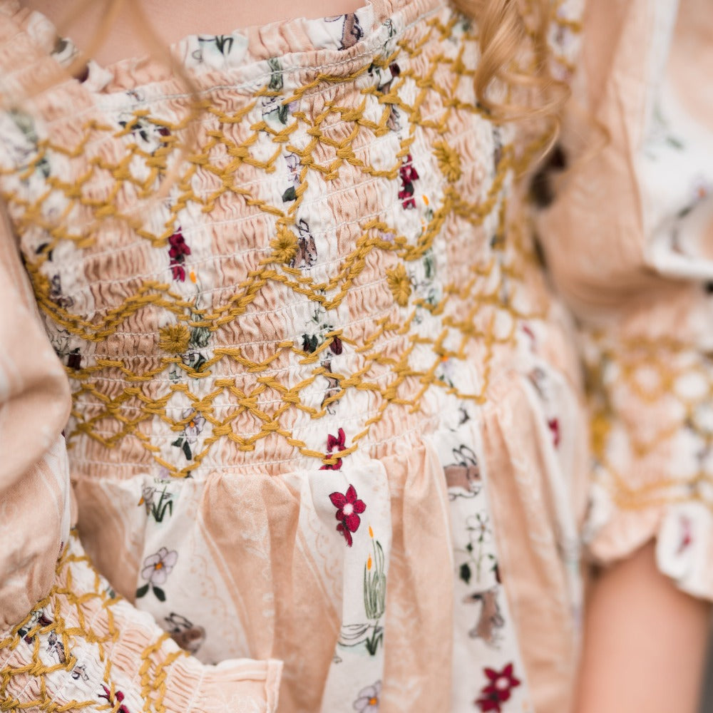 Bunny Breeze Dress - Apricot | Playful Print & Smock Details Bunny Breeze Dress - Apricot | Playful Print & Smock Details