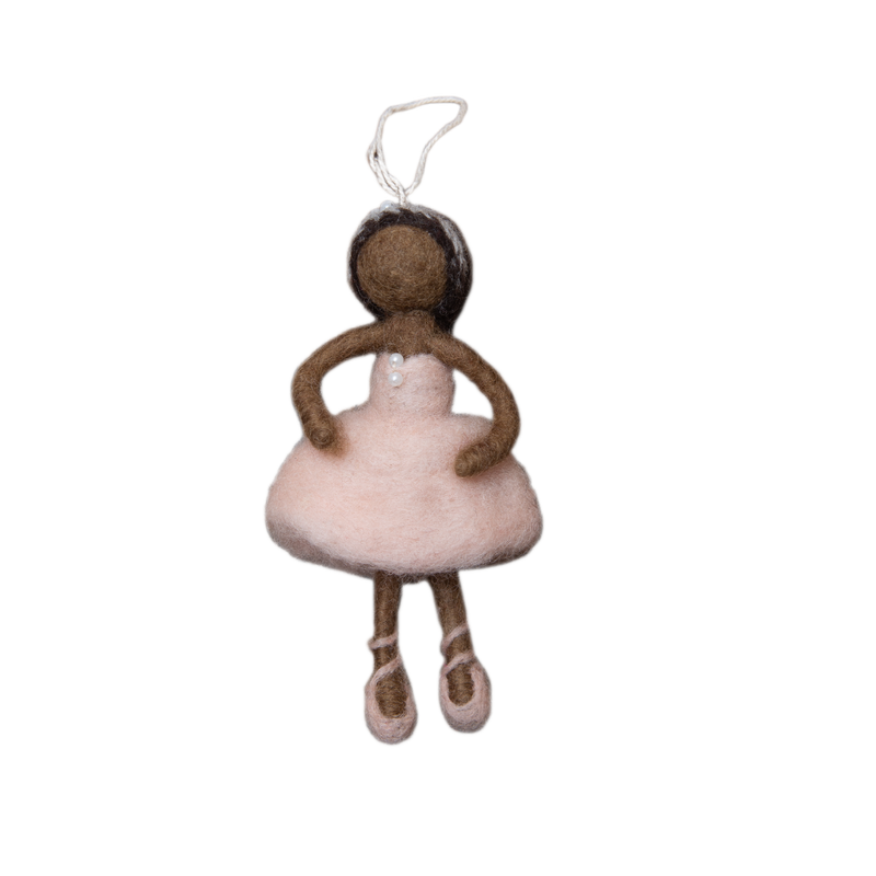 Hand-felted pink ballerina ornament made from soft, high-quality wool. Delicately crafted to capture the grace and elegance of a dancer, adding whimsy and charm to holiday decor.