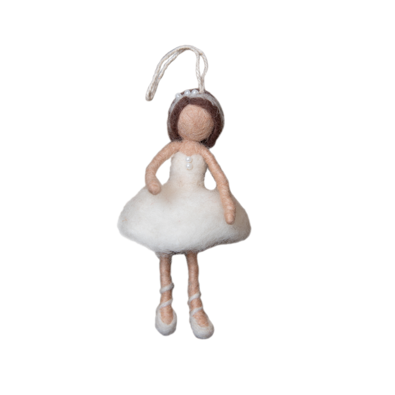 Hand-felted white ballerina ornament made from soft, high-quality wool. Delicately crafted with intricate details, capturing the elegance and grace of a dancer.