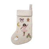 Fully handcrafted cream white holiday stocking featuring an embroidered ballerina and enchanting holiday motifs, made from 100% wool.