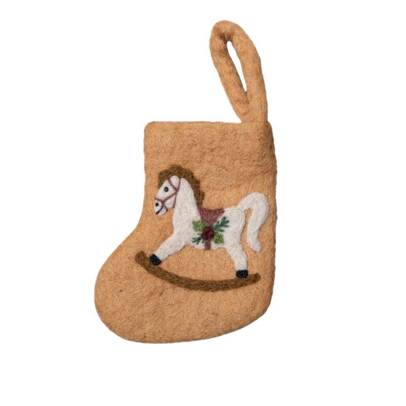 Charming Mini Stocking featuring an intricately felted rocking horse motif, made from 100% wool. A delightful addition to holiday decorations, showcasing intricate handcrafted details.