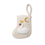 Charming Mini Stocking featuring an intricately felted swan motif, made from 100% wool. A delightful addition to holiday decorations, showcasing detailed handcrafted design.