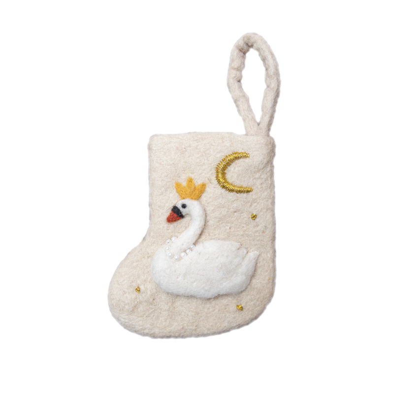 Charming Mini Stocking featuring an intricately felted swan motif, made from 100% wool. A delightful addition to holiday decorations, showcasing detailed handcrafted design.