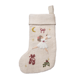 Fully handcrafted cream white holiday stocking featuring a meticulously embroidered Odette and enchanting holiday motifs, made from 100% wool.