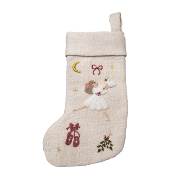 Fully handcrafted cream white holiday stocking featuring a meticulously embroidered Odette and enchanting holiday motifs, made from 100% wool.