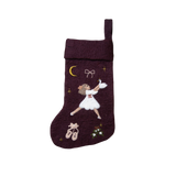 Fully handcrafted dark grape holiday stocking featuring a meticulously embroidered Odette and an array of enchanting holiday motifs, made from 100% wool.