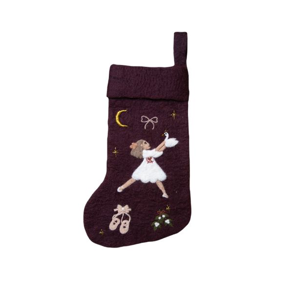 Fully handcrafted dark grape holiday stocking featuring a meticulously embroidered Odette and an array of enchanting holiday motifs, made from 100% wool.