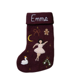 Fully handcrafted dark grape holiday stocking featuring a personalized embroidered ballerina and enchanting holiday motifs, made from 100% wool.