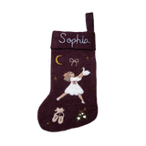 Handcrafted dark grape stocking with embroidered Odette and a personalized name in cursive, showing off its intricate details and festive charm.