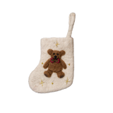 Charming Mini Stocking featuring an intricately felted teddy bear motif, made from 100% wool. A delightful addition to holiday decorations, showcasing detailed handcrafted design.