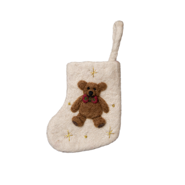 Charming Mini Stocking featuring an intricately felted teddy bear motif, made from 100% wool. A delightful addition to holiday decorations, showcasing detailed handcrafted design.