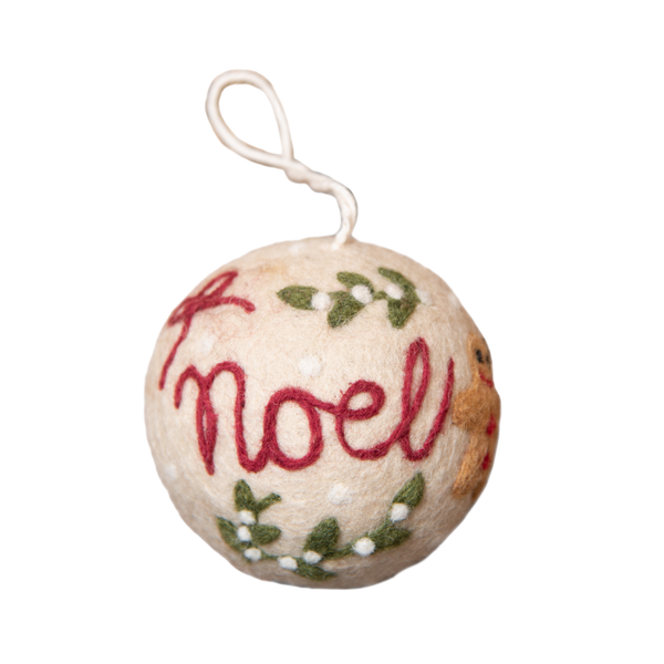 Charming Bauble Noel Ornament featuring the word 'NOEL' and meticulously embroidered holiday motifs, showcasing the festive spirit of the season.