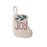 Mini Stocking featuring hand-embroidered 'JOY' and pine branch motif. The detailed embroidery adds a festive touch to holiday decorations.