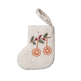 Mini Stocking featuring hand-embroidered orange motif. The detailed embroidery is showcased clearly, highlighting the festive charm of the 100% wool stocking.