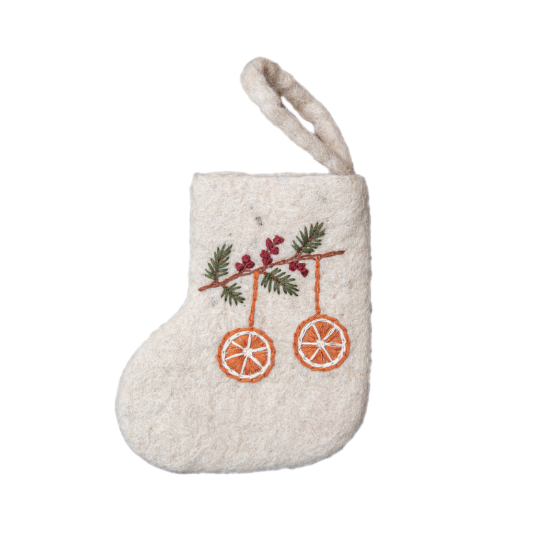 Mini Stocking featuring hand-embroidered orange motif. The detailed embroidery is showcased clearly, highlighting the festive charm of the 100% wool stocking.