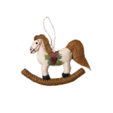 Hand-felted rocking horse ornament in soft wool, featuring meticulous craftsmanship and capturing the nostalgic charm and joy of childhood.