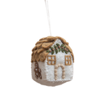 Handcrafted gingerbread house ornament in white, featuring intricate details and festive charm, made from 100% wool. A whimsical addition to holiday decor, showcasing meticulous craftsmanship and traditional warmth.