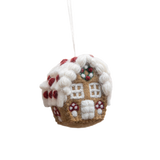 Handcrafted gingerbread house ornament with a whimsical mushroom detail, featuring intricate embroidery and punch needle accents. The ornament is made from 100% wool, adding a charming and festive touch to holiday decor.