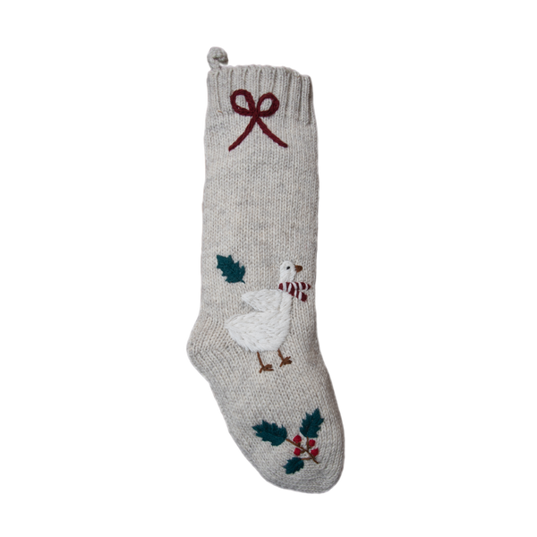 Goose stocking in Rye color with hand-embroidered Christmas goose and scarf, showcasing traditional festive design.