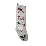 Personalized Goose Stocking in Rye color with hand-embroidered Christmas goose and scarf, featuring custom name embroidery.