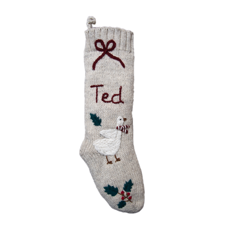 Personalized Goose Stocking in Rye color with hand-embroidered Christmas goose and scarf, featuring custom name embroidery.