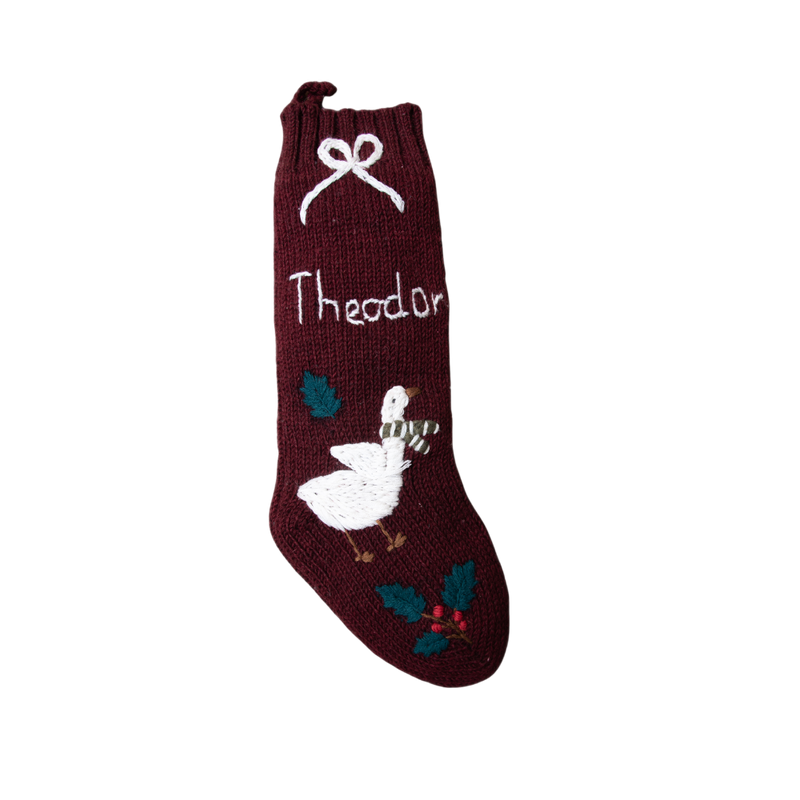 Personalized Goose Stocking in Dark Grape color with hand-embroidered Christmas goose and custom name, showcasing traditional festive design.