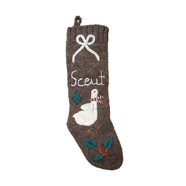 Personalized Goose Stocking in Nutty Brown color with hand-embroidered Christmas goose and custom name, showcasing traditional festive design.