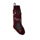 Personalized Garland Stocking in Dark Grape color with hand-embroidered Christmas tree and garland, featuring custom name embroidery for a traditional festive touch.