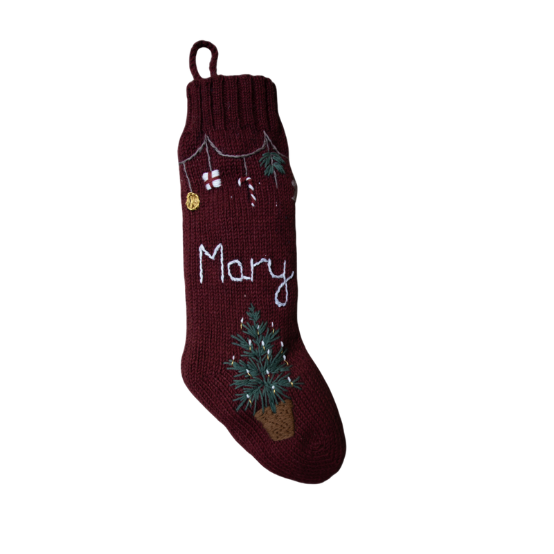 Personalized Garland Stocking in Dark Grape color with hand-embroidered Christmas tree and garland, featuring custom name embroidery for a traditional festive touch.