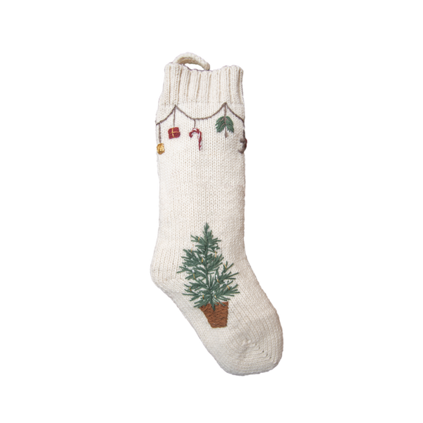 Garland Stocking in Cream White color featuring a beautiful basket with Christmas tree and sweet garland with festive elements, capturing traditional Christmas magic.