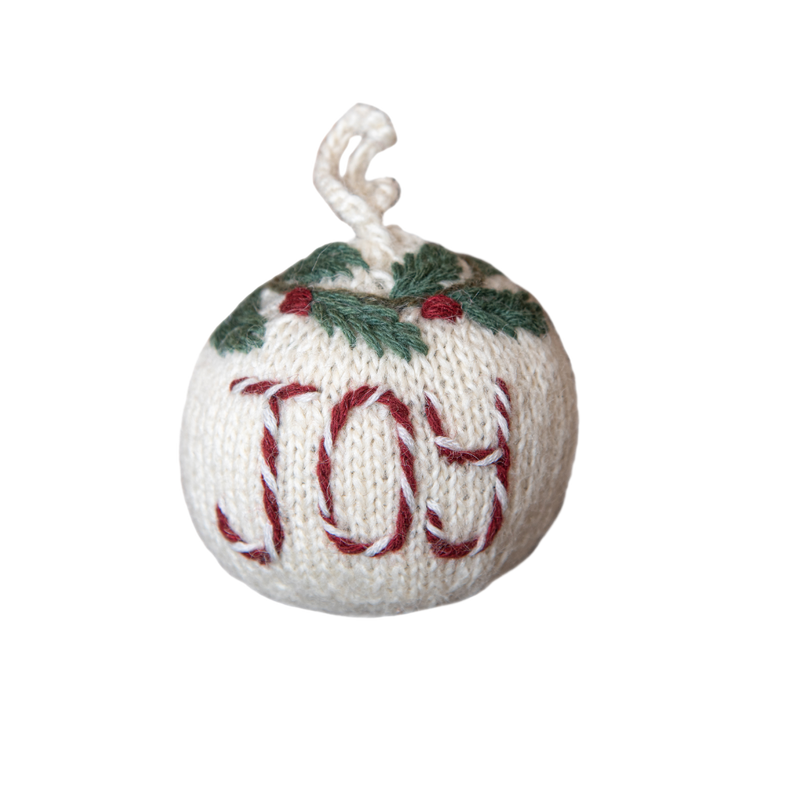 Bauble Ornament Joy in Cream White, hand-knitted and stuffed with teddy polyfibres, featuring soft, squeezable texture and intricate hand-embroidered details.