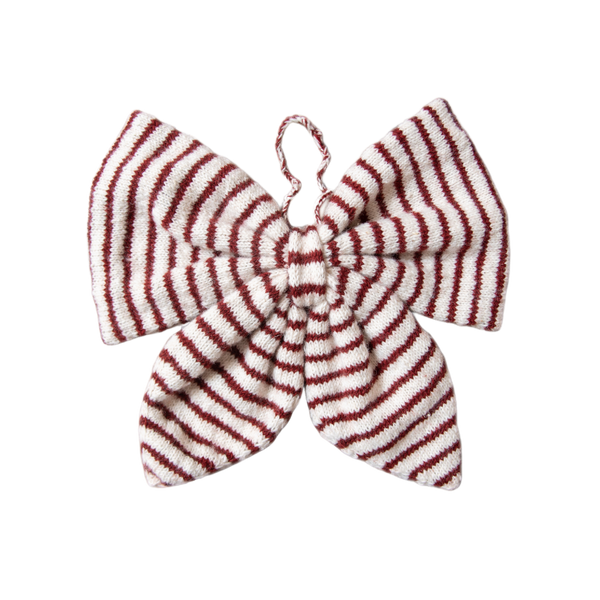 ig Christmas Bow in Stripe Red color, hand-knitted from 100% sheep wool, perfect for decorating front doors, windows, or cabinets with traditional Christmas charm.