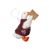 Felted goose ornament with red vest, showing intricate craftsmanship and soft texture.