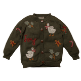 Christmas Joy Cardigan in pine green, featuring hand-embroidered holiday motifs like candy canes, gingerbread men, and festive geese, crafted from super-soft 100% merino wool for a cozy embrace.
