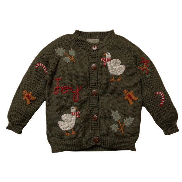 Christmas Joy Cardigan in pine green, featuring hand-embroidered holiday motifs like candy canes, gingerbread men, and festive geese, crafted from super-soft 100% merino wool for a cozy embrace.
