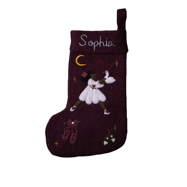 Personalized dark grape holiday stocking featuring embroidered Odette and custom name, hanging on a mantel. Showcases elegant design and festive charm.