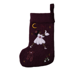 Fully handcrafted dark grape holiday stocking featuring a meticulously embroidered Odette and an array of enchanting holiday motifs, made from 100% wool.