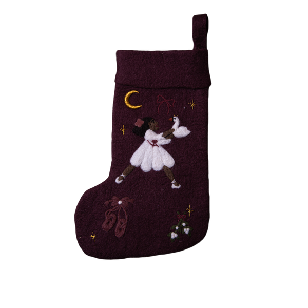 Fully handcrafted dark grape holiday stocking featuring a meticulously embroidered Odette and an array of enchanting holiday motifs, made from 100% wool.